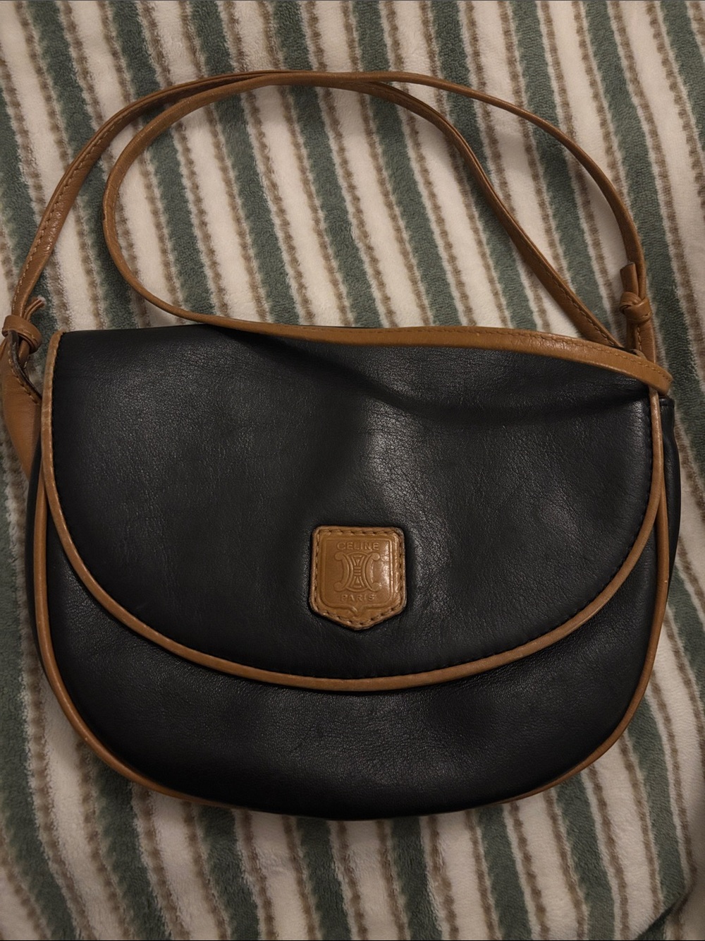 Celine Black Leather Crossbody with Tan Trim